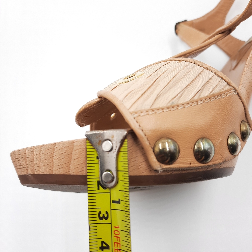 MANOLO BLAHNIK Y2K Wood Platform Sandal Heel Bohemian Coquette 70s Tan 37 EU - Picture 5 of 14